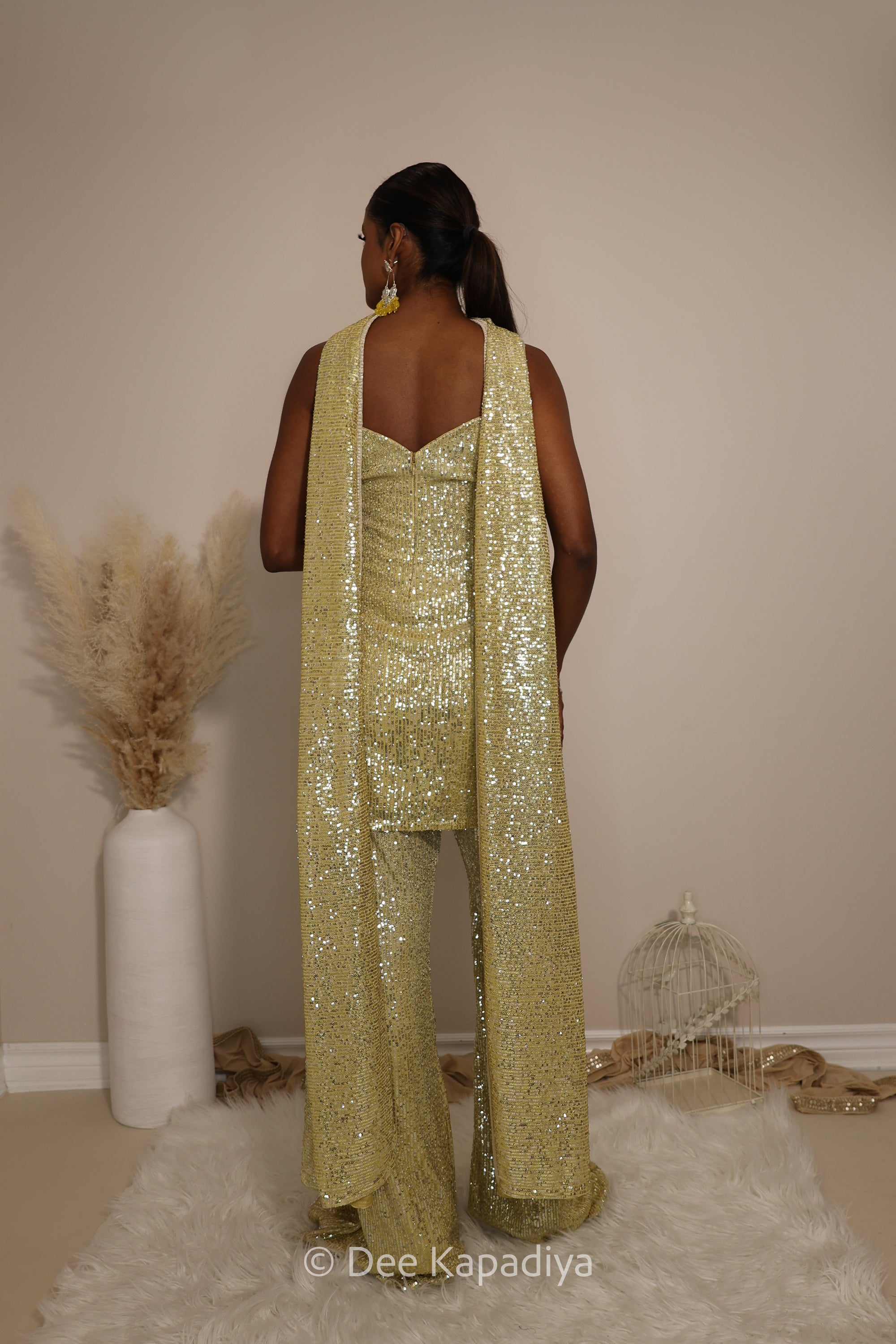 ready to wear bell bottom in ombre sequin butter yellow with kurta