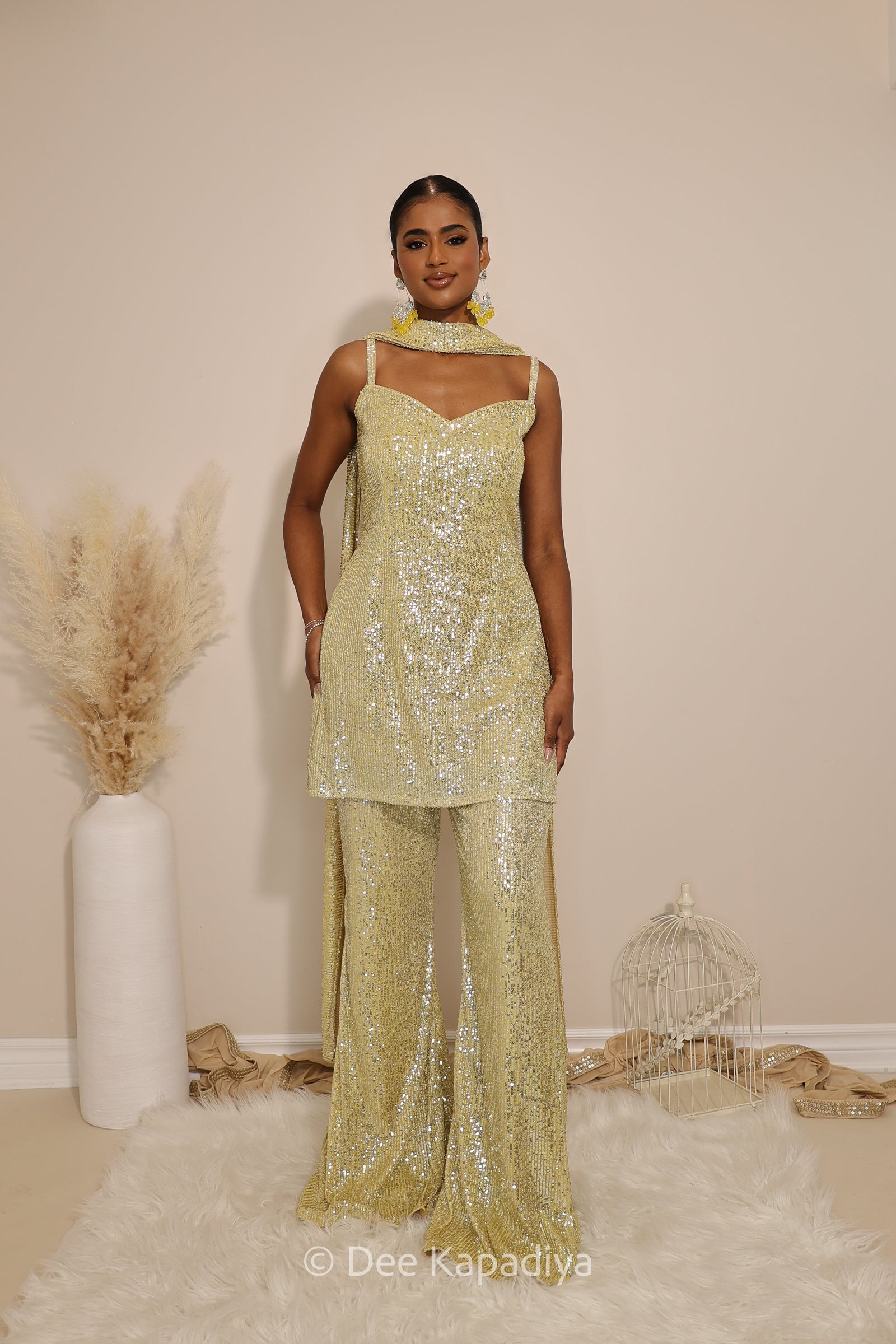 ready to wear bell bottom in ombre sequin butter yellow with kurta