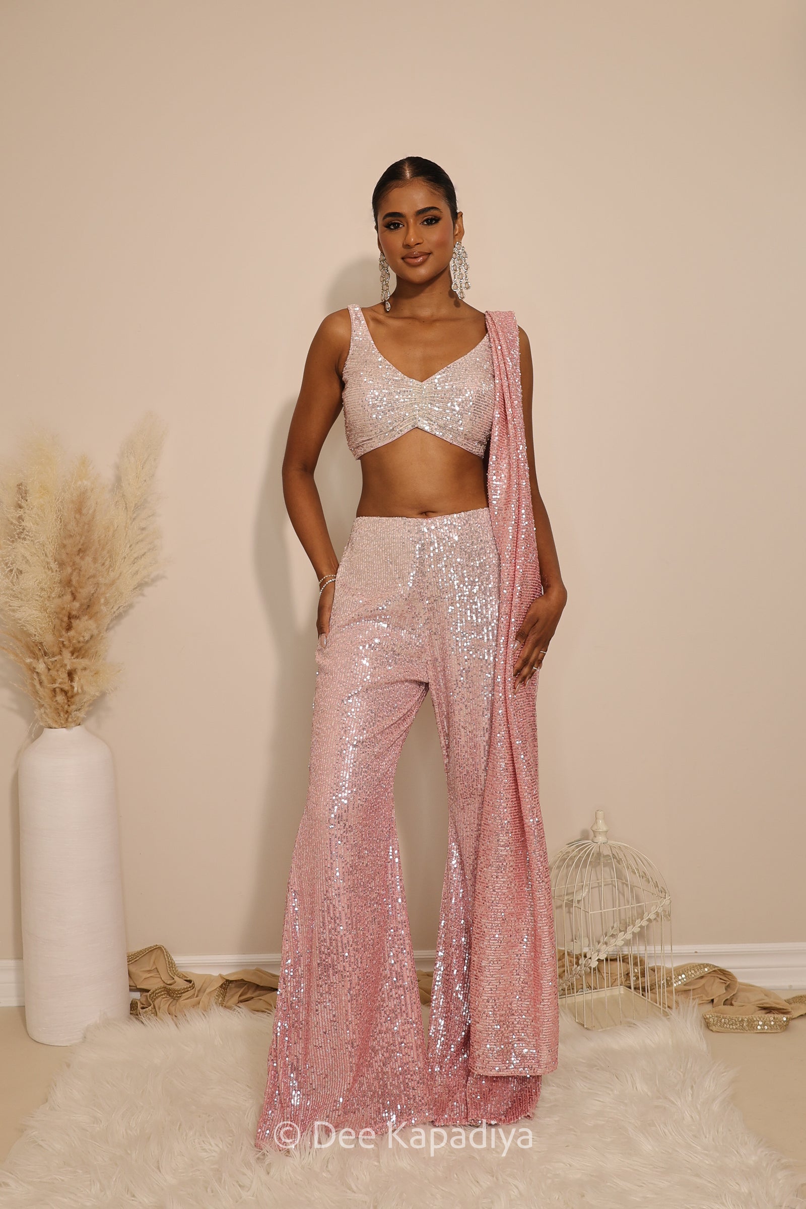 bell bottom in ombre sequin pink with sleeveless croptop