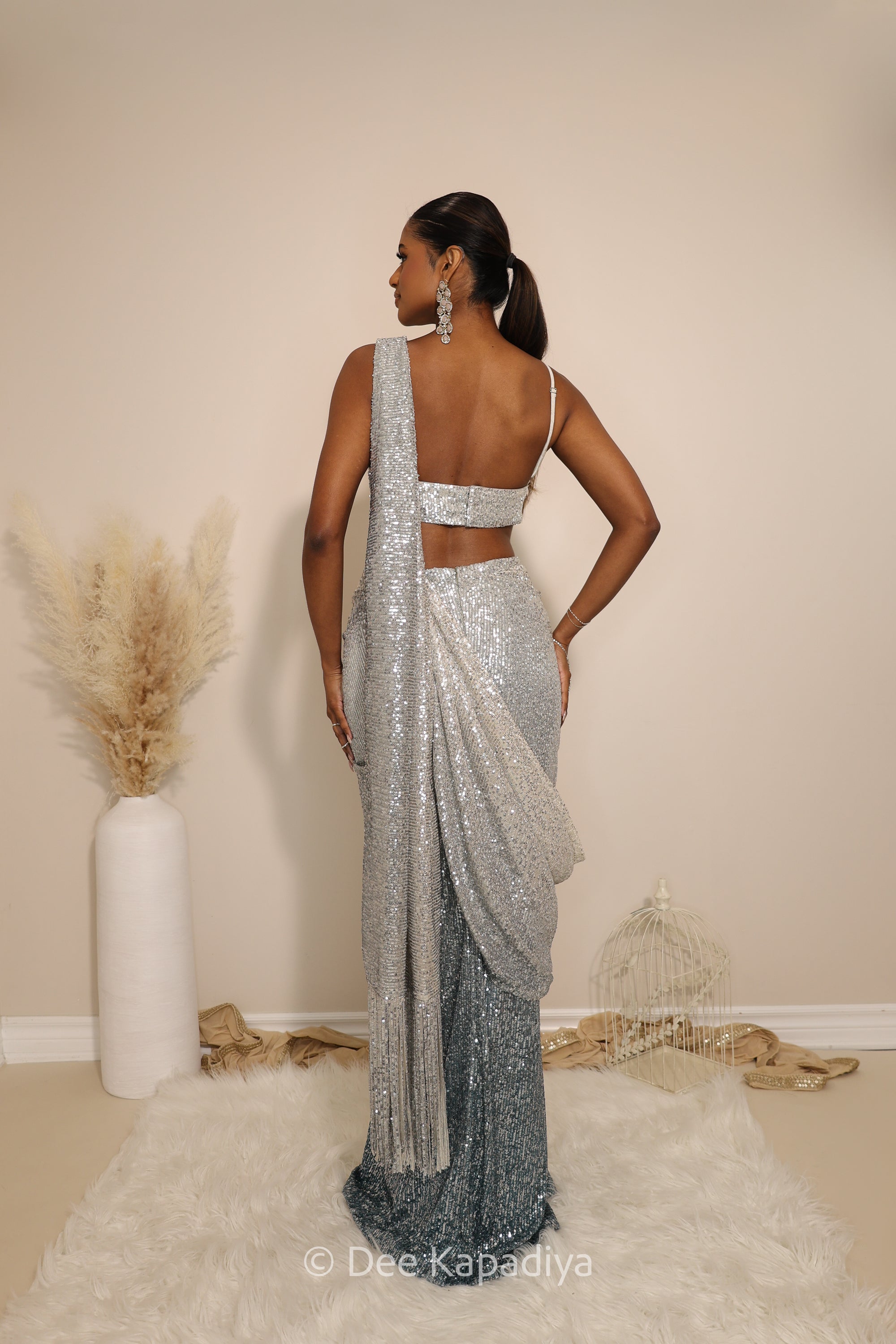 ready to wear ruched saree set in ombre sequin in celestial blue with bralet blouse 