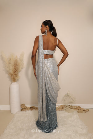 ready to wear ruched saree set in ombre sequin in celestial blue with bralet blouse 