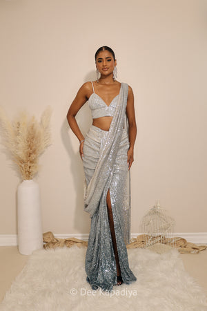 ready to wear ruched saree in ombre sequin celestial blue with bralet