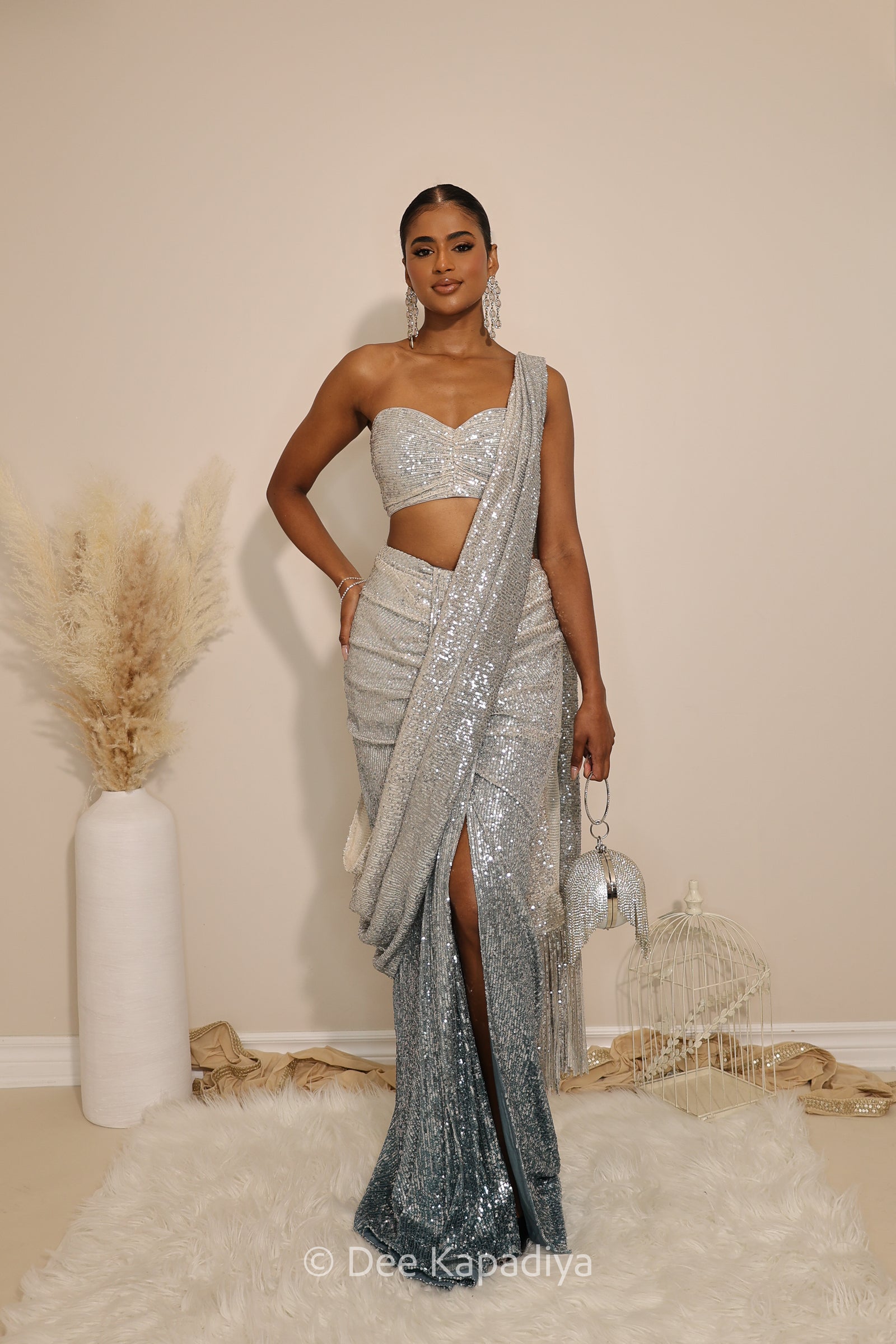 ruched read to wear ombre sequin blue saree 