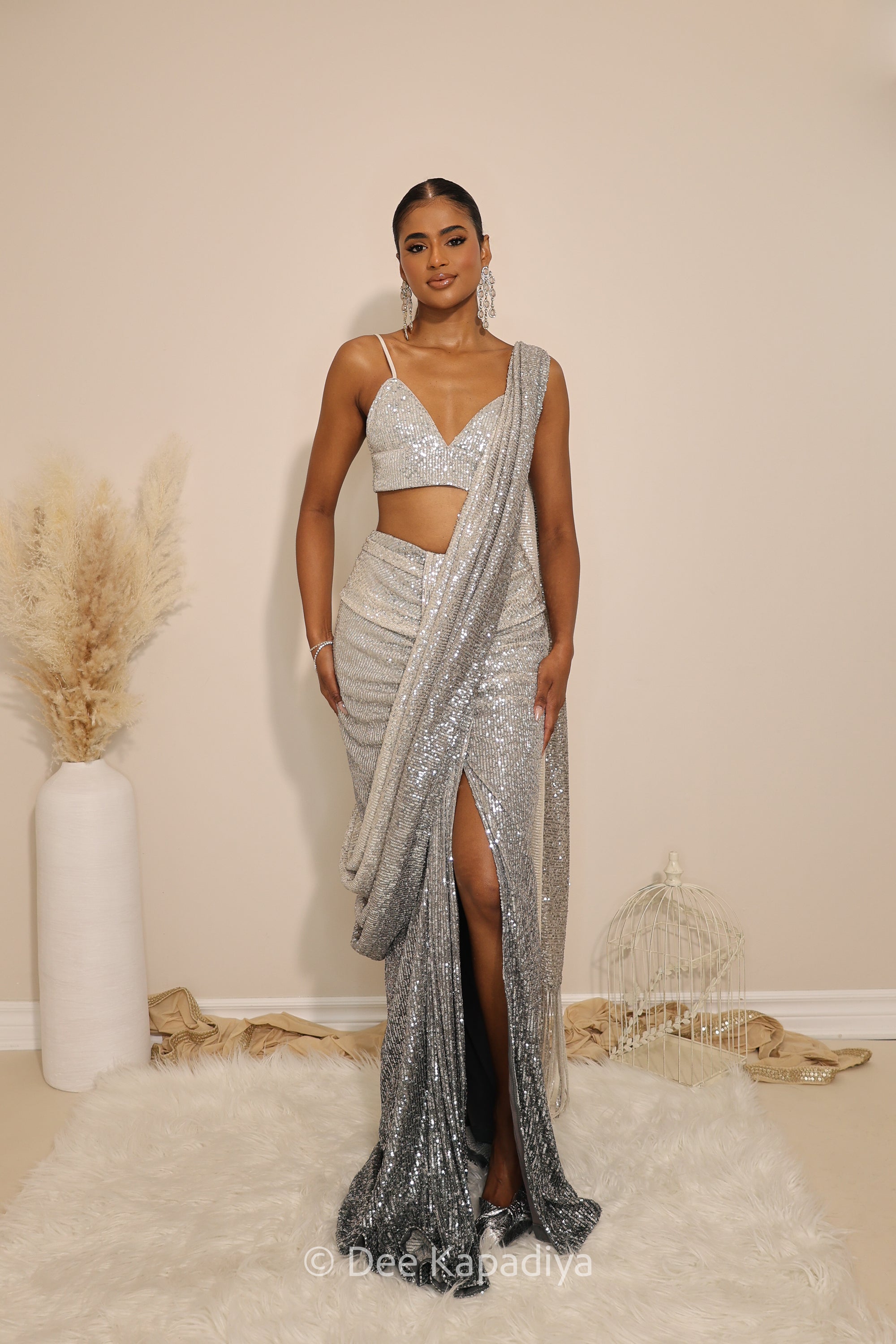 ready to wear ruched saree in ombre sequin quartz grey bralet croptop