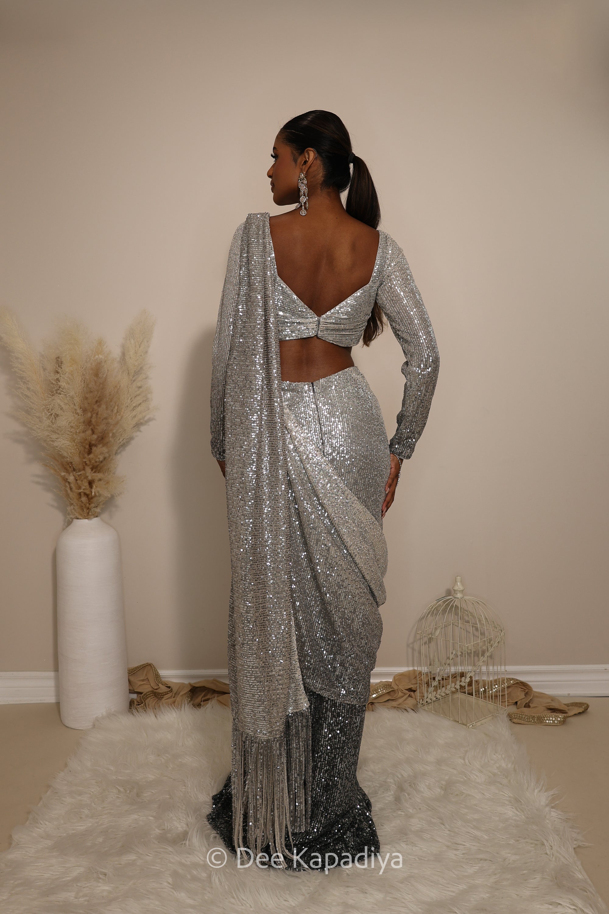ruched ready to wear saree in ombre sequin quartz grey with full sleeve blouse