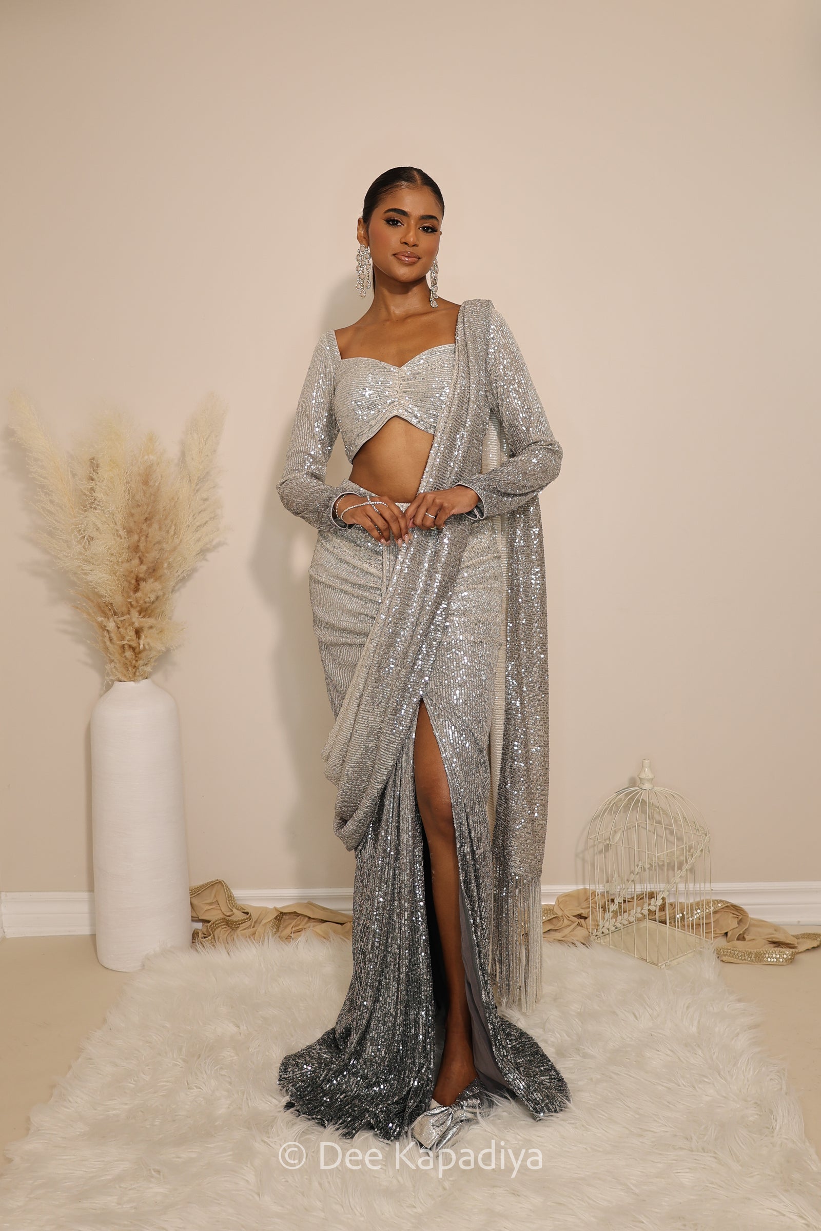 ruched ready to wear saree in ombre sequin grey with full sleeves