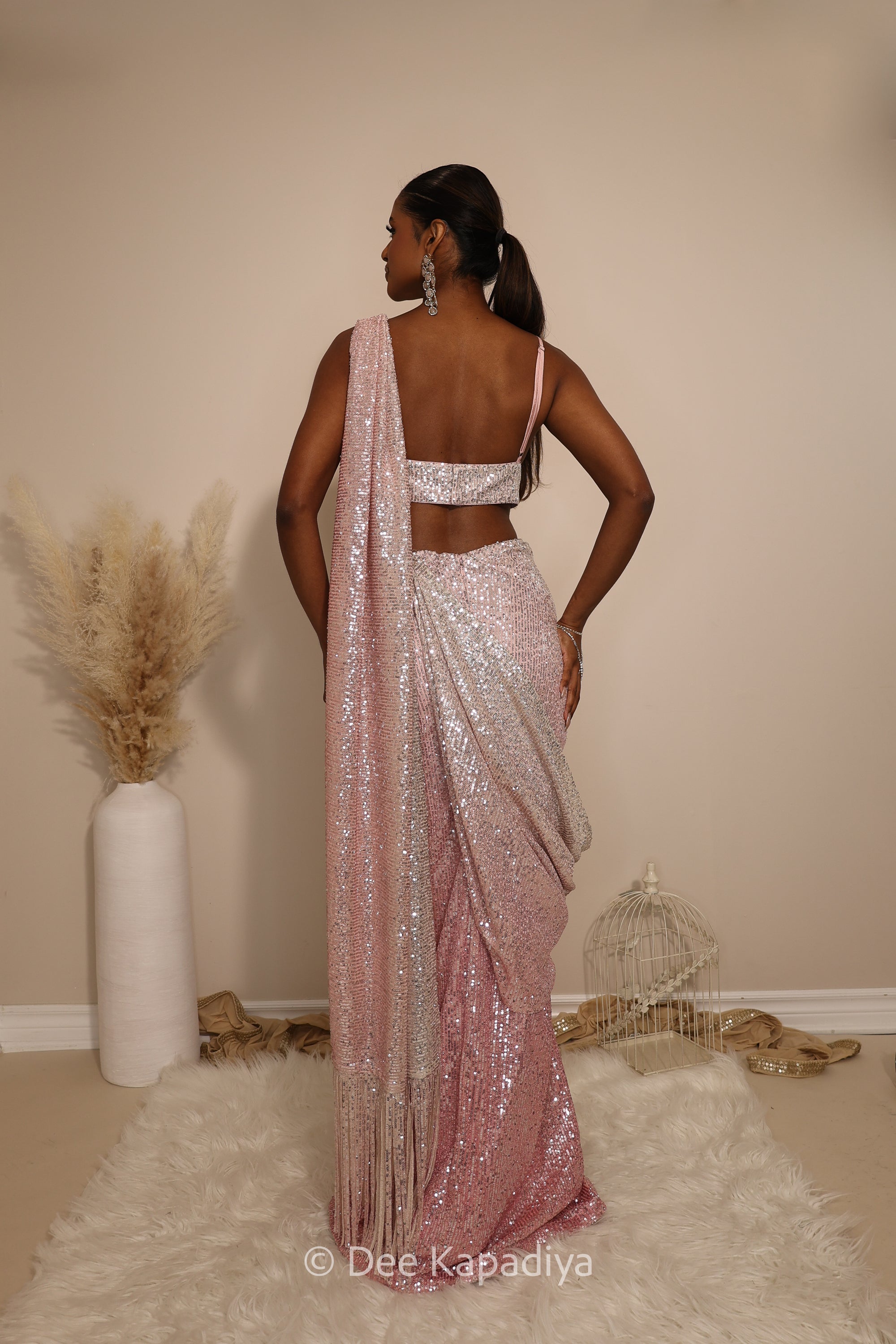 ruched ready to wear saree in ombre sequin in bubblegum pink with bralette 