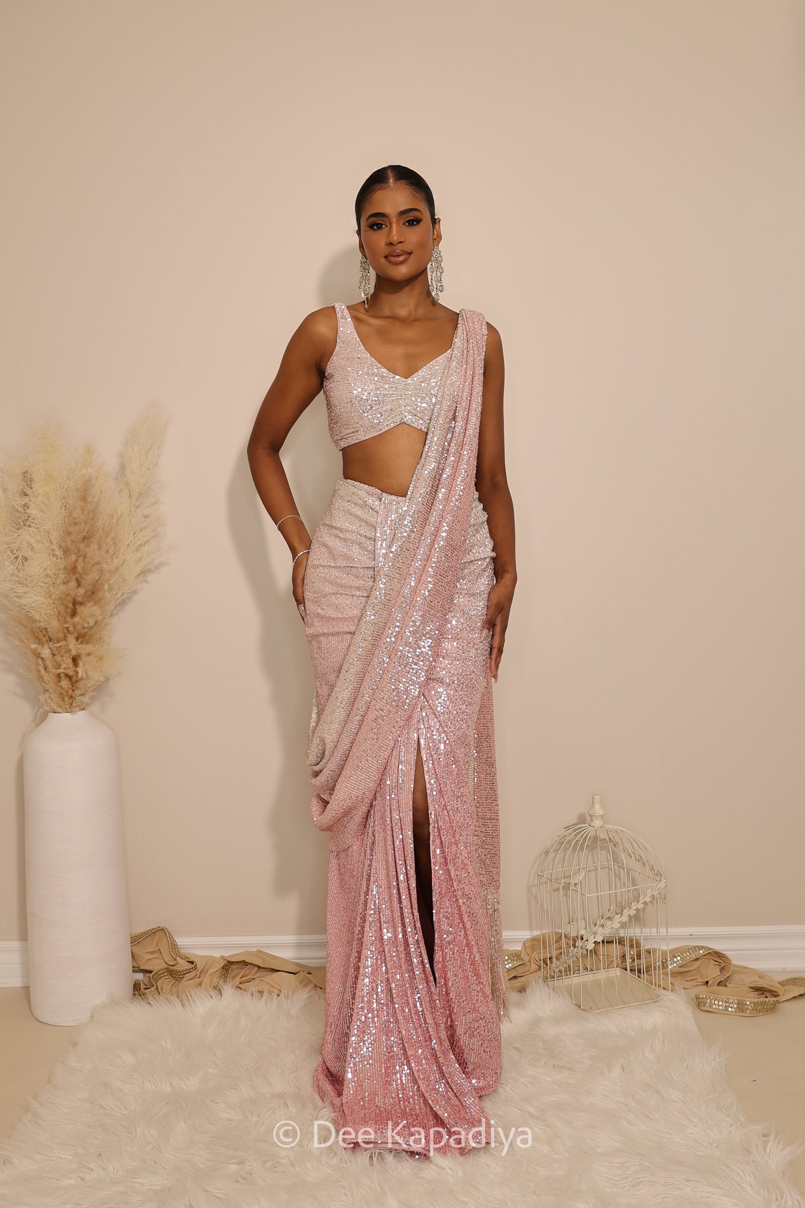 ready to wear ruched saree in ombre sequin bubblegum pink with sleeveless croptop