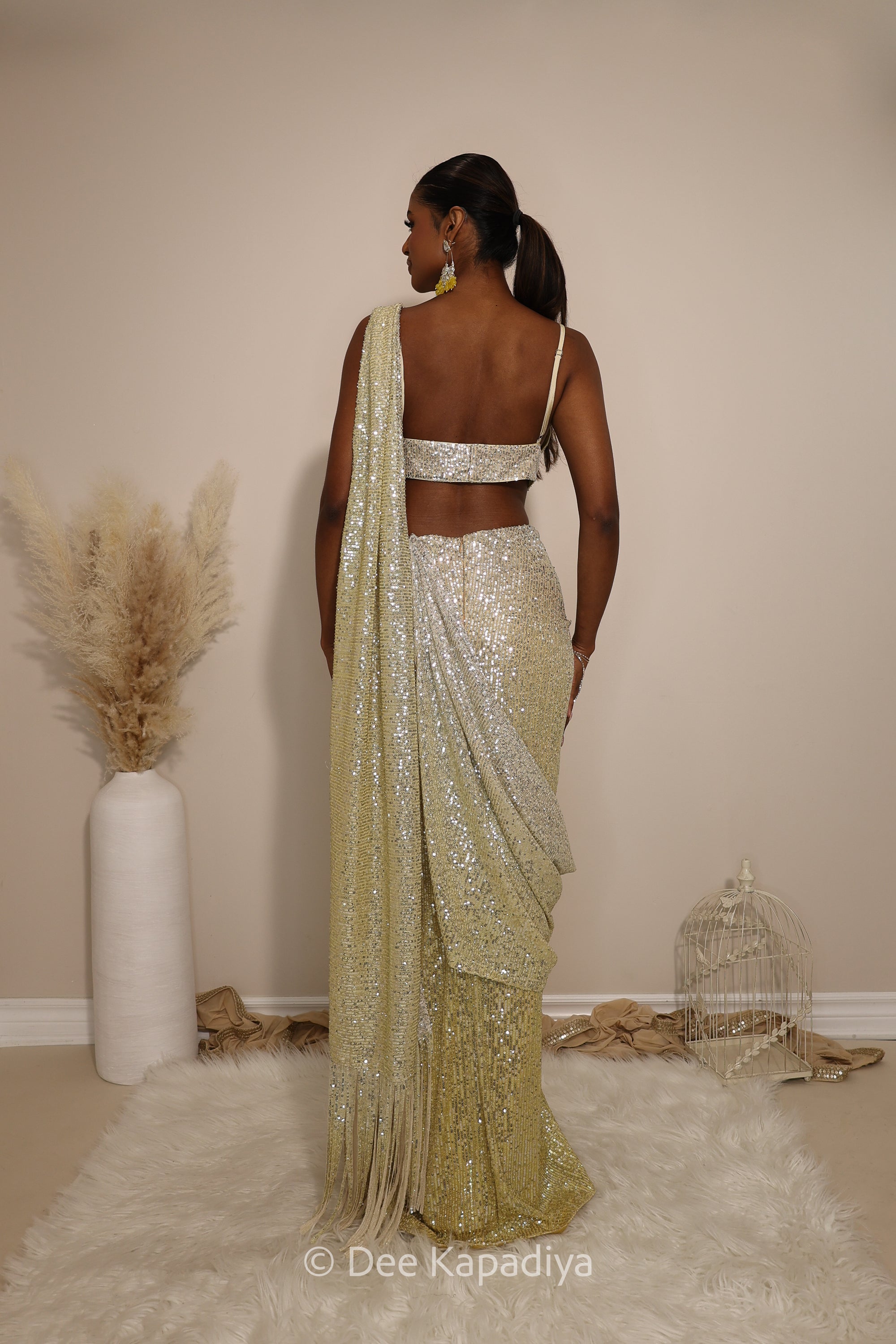 ready to wear ruched saree in ombre sequin butter yellow with bralet