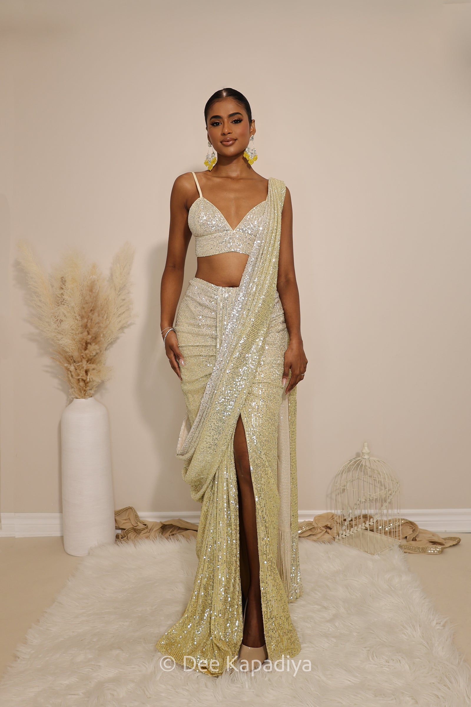 ready to wear ruched saree in ombre sequin butter yellow with bralet