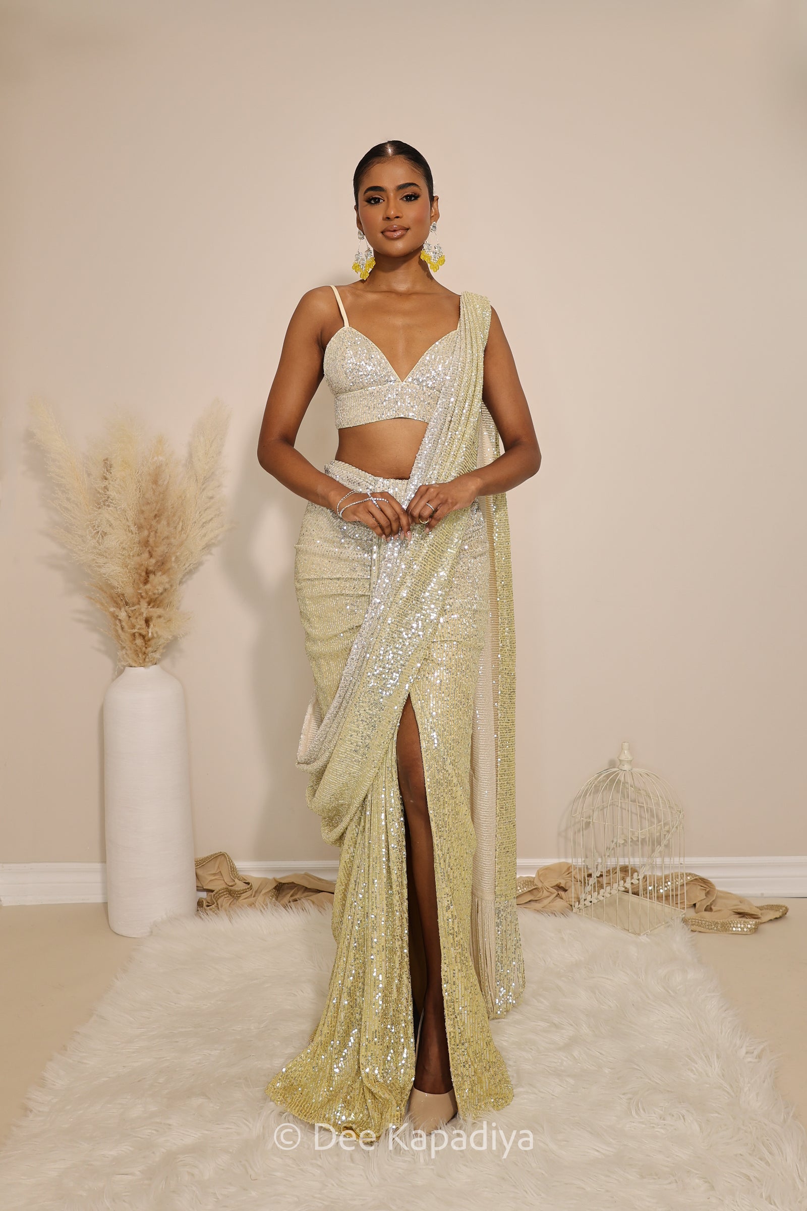 ready to wear ruched saree in ombre sequin butter yellow with bralet