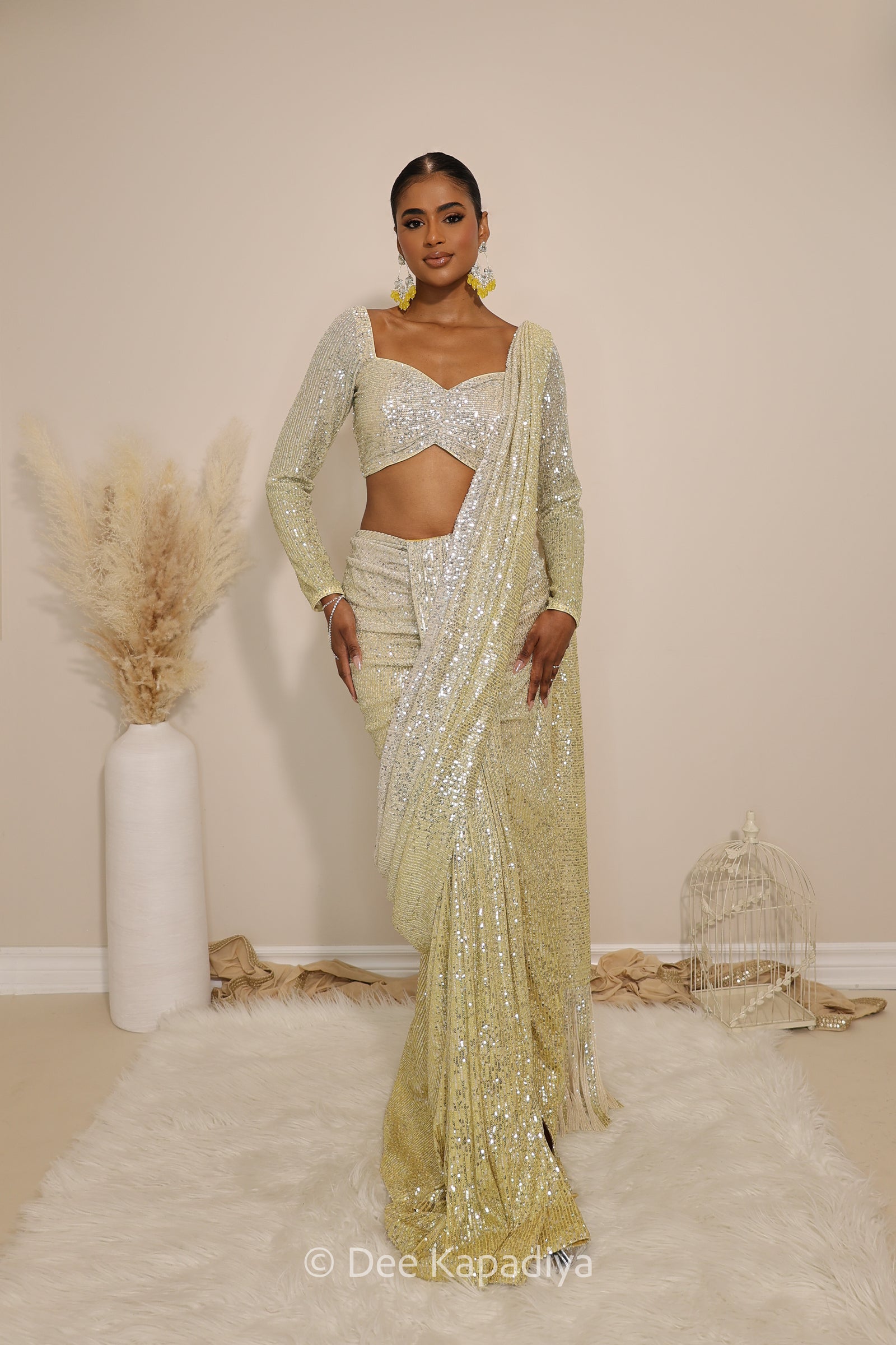 ruched ready to wear saree in ombre sequin grey with full sleeves