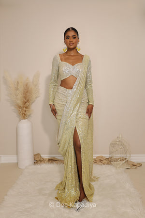 power move yellow 4 front ruched predraped and repleated ready to wear saree front