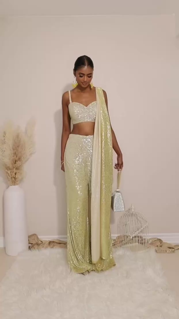 ready to wear bell bottom in ombre sequin butter yellow with strap croptop