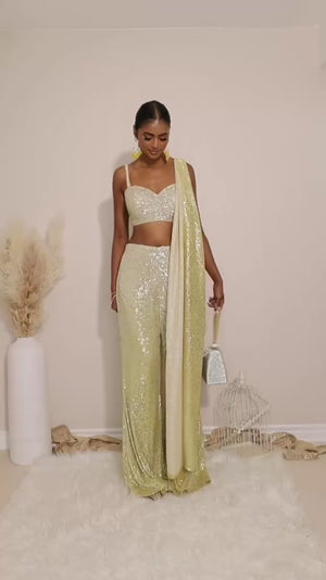 ready to wear bell bottom in ombre sequin butter yellow with strap croptop