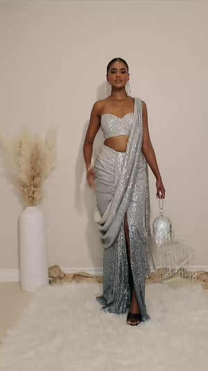 POWER MOVE RUCHED SAREE SET with POWER CROPTOP