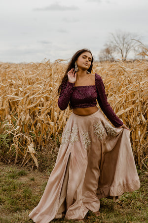 Buy Lilas Lavender Lehenga And A Crop Top Set In Bishop Sleeves, Crafted In  Georgette With Two-Toned Cut Dana Embroidery On The Waist Line