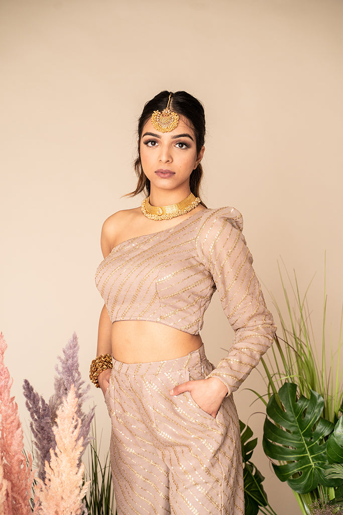 one shoulder chic crop top blouse and culottes pants in sand, tan beige nude 