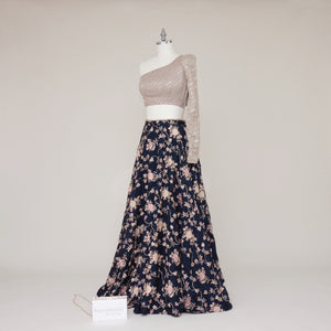 one shoulder chic crop top blouse and  deep blue multicolor floral lehenga skirt