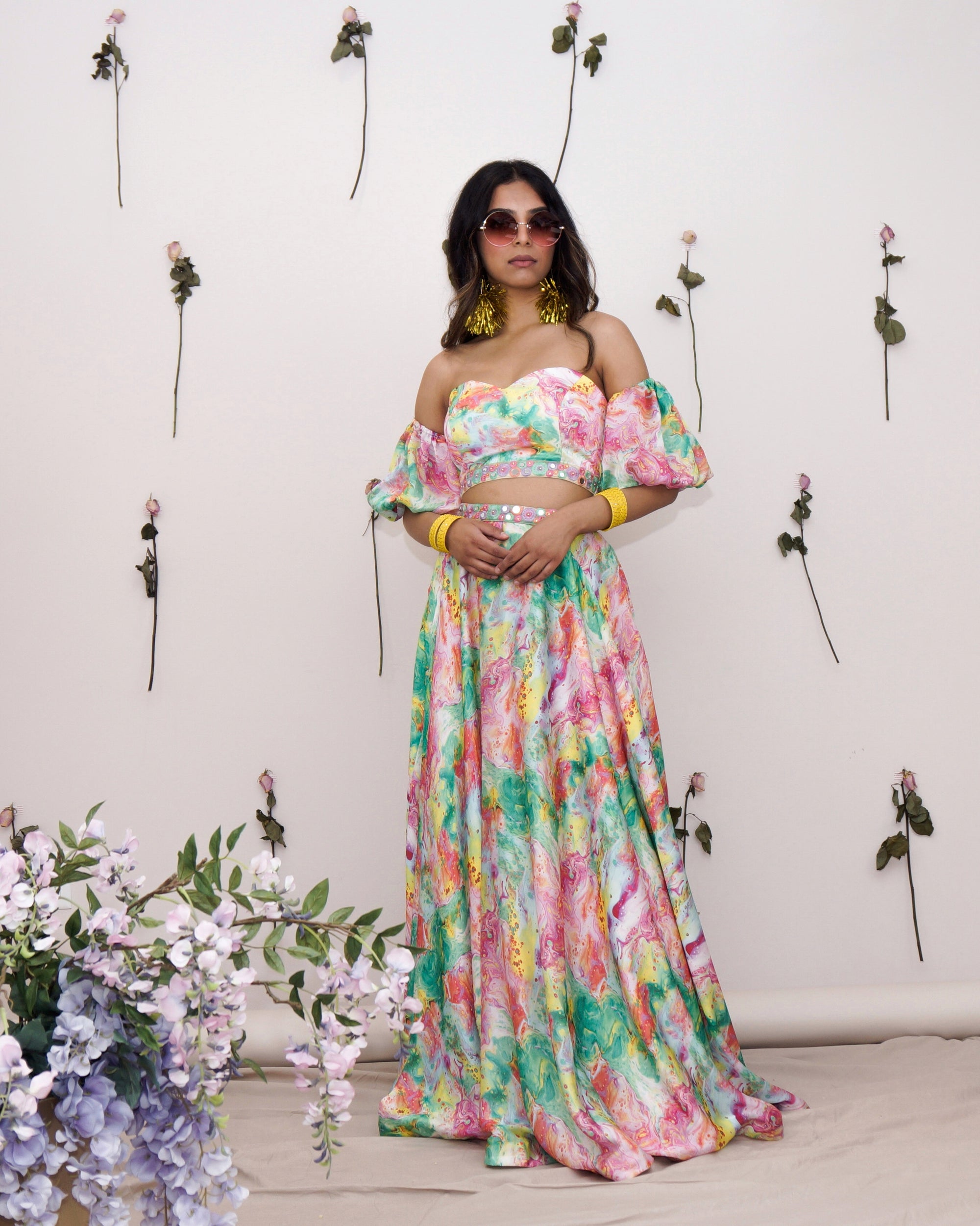 Fun, bright, multicolour sateen skirt lehenga