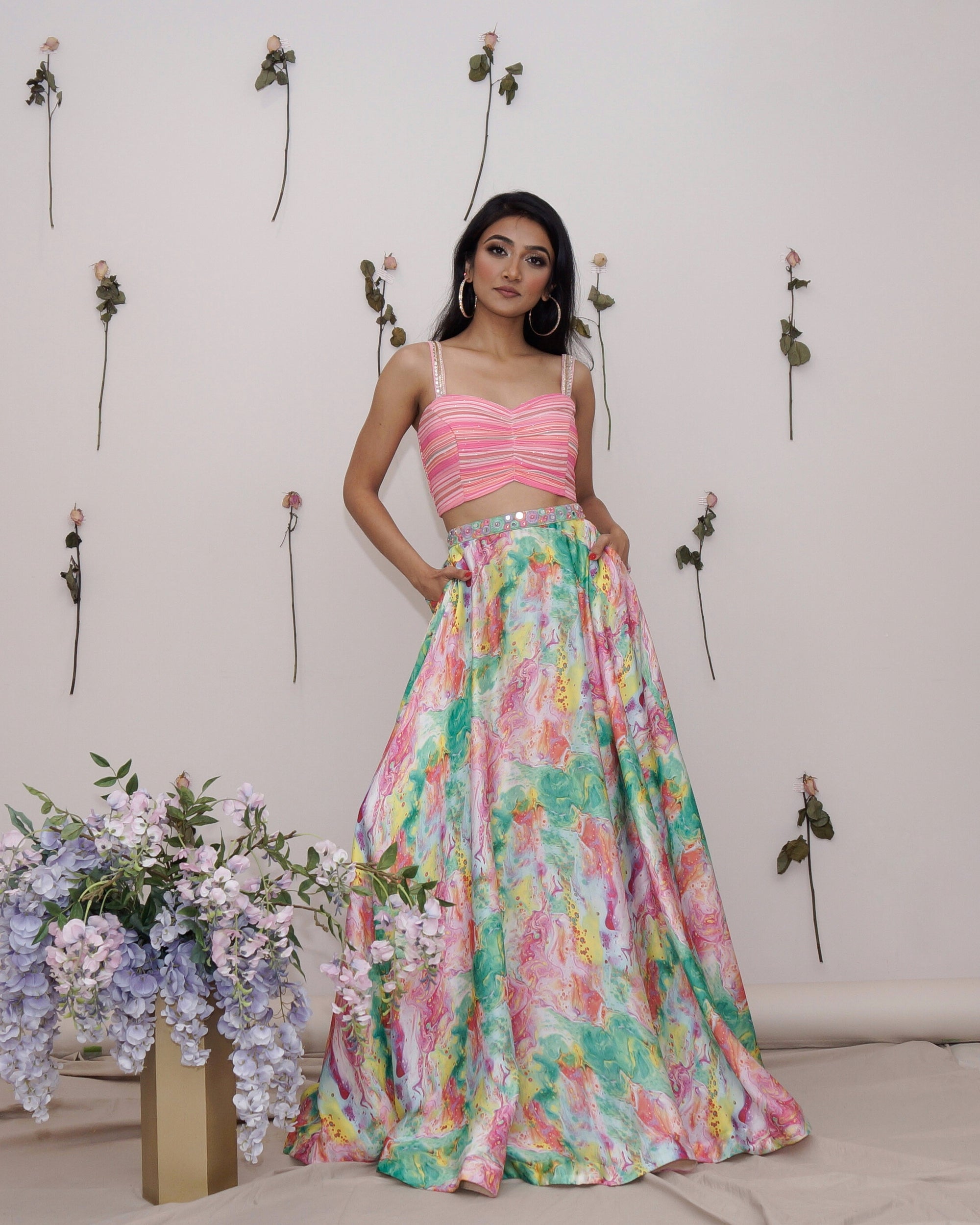 Fun, bright, multicolour sateen skirt lehenga