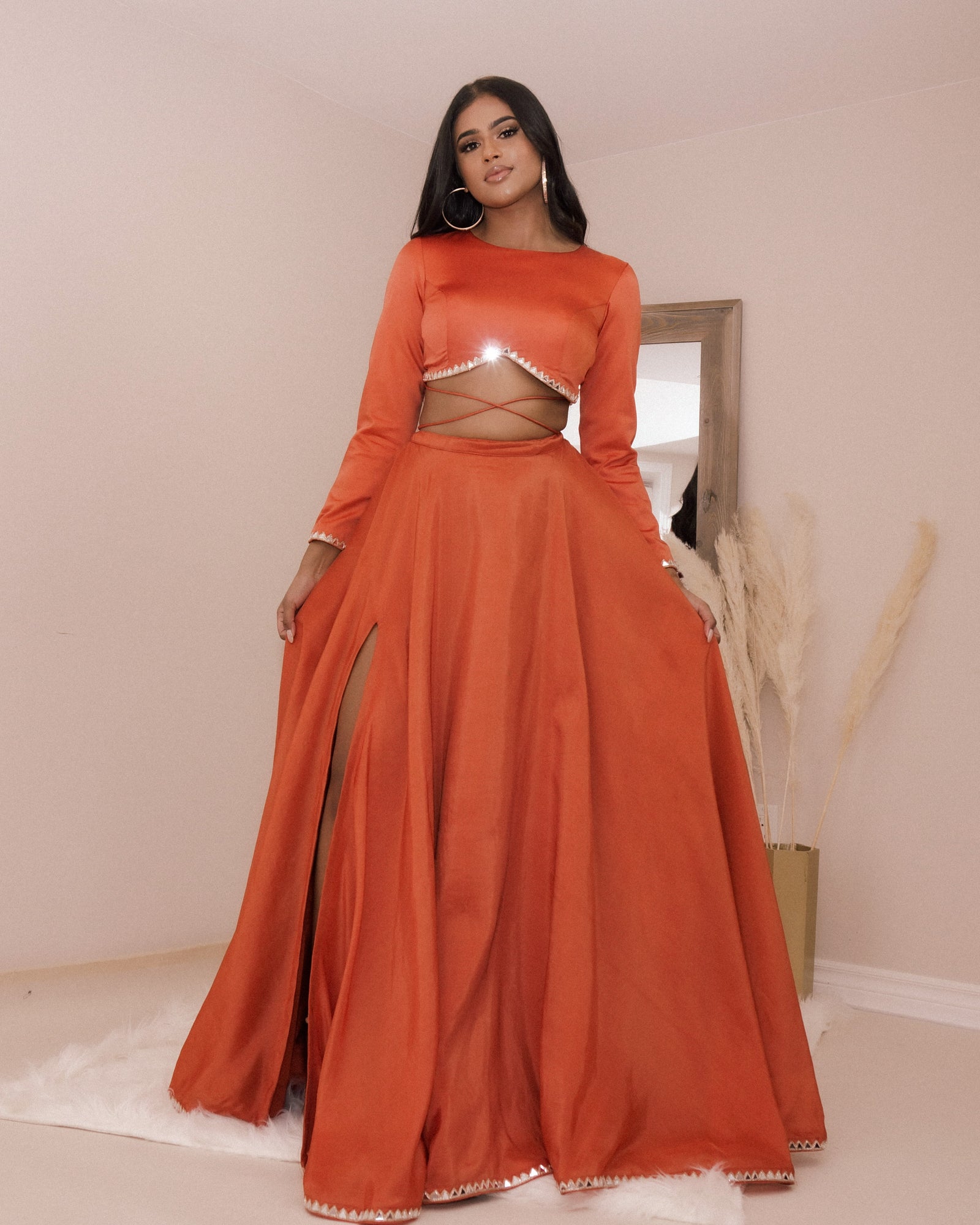 orange lehenga choli, modern indian designer lehenga skirt blouse crop top mirror work trendy 2022 design