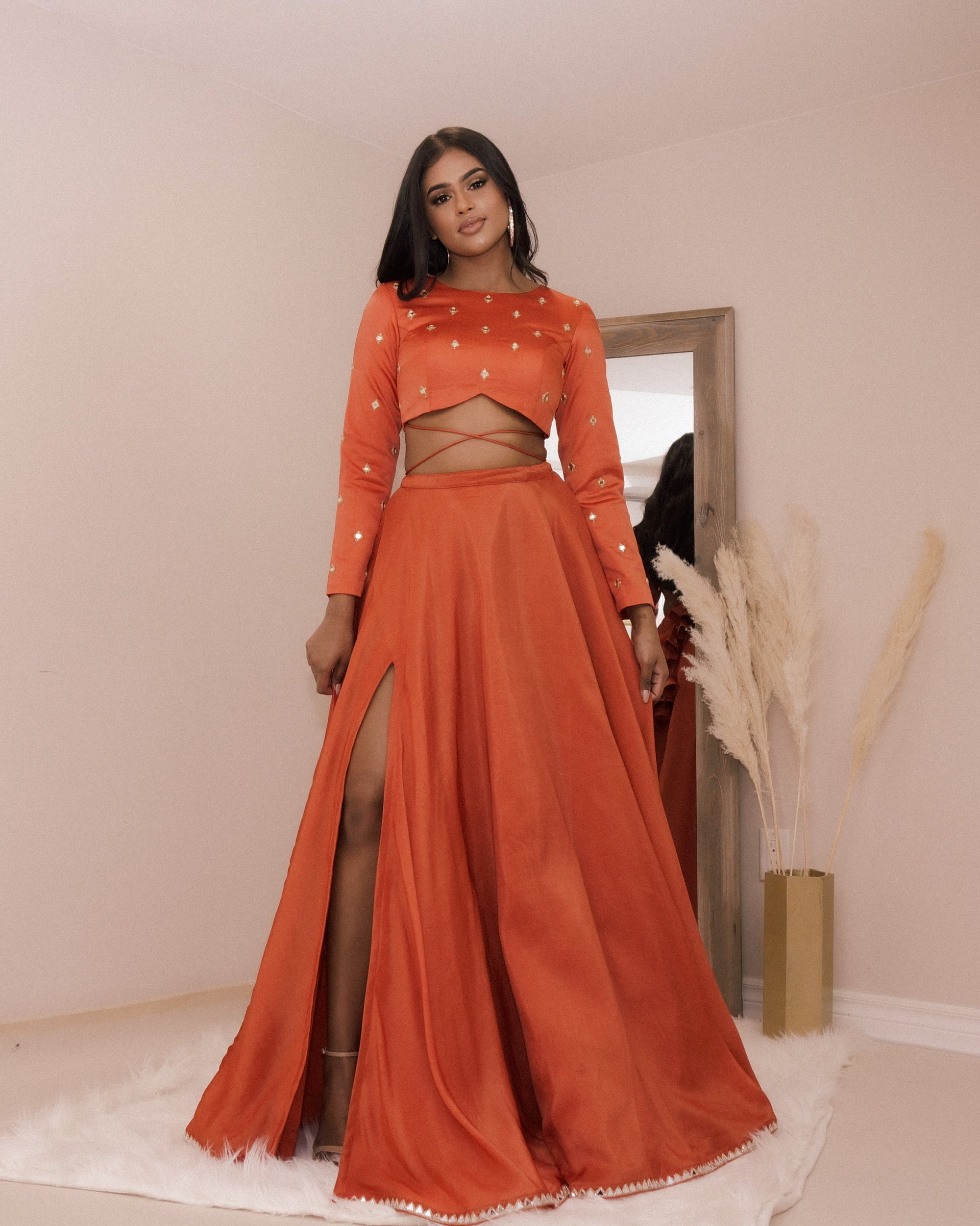 orange lehenga choli, modern indian designer lehenga skirt blouse crop top mirror work trendy 2022 design