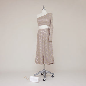 one shoulder chic crop top blouse and culottes pants in sand, tan beige nude 