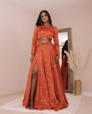 Burnt orange colour real mirror work lehenga skirt choli croptop modern indianwear