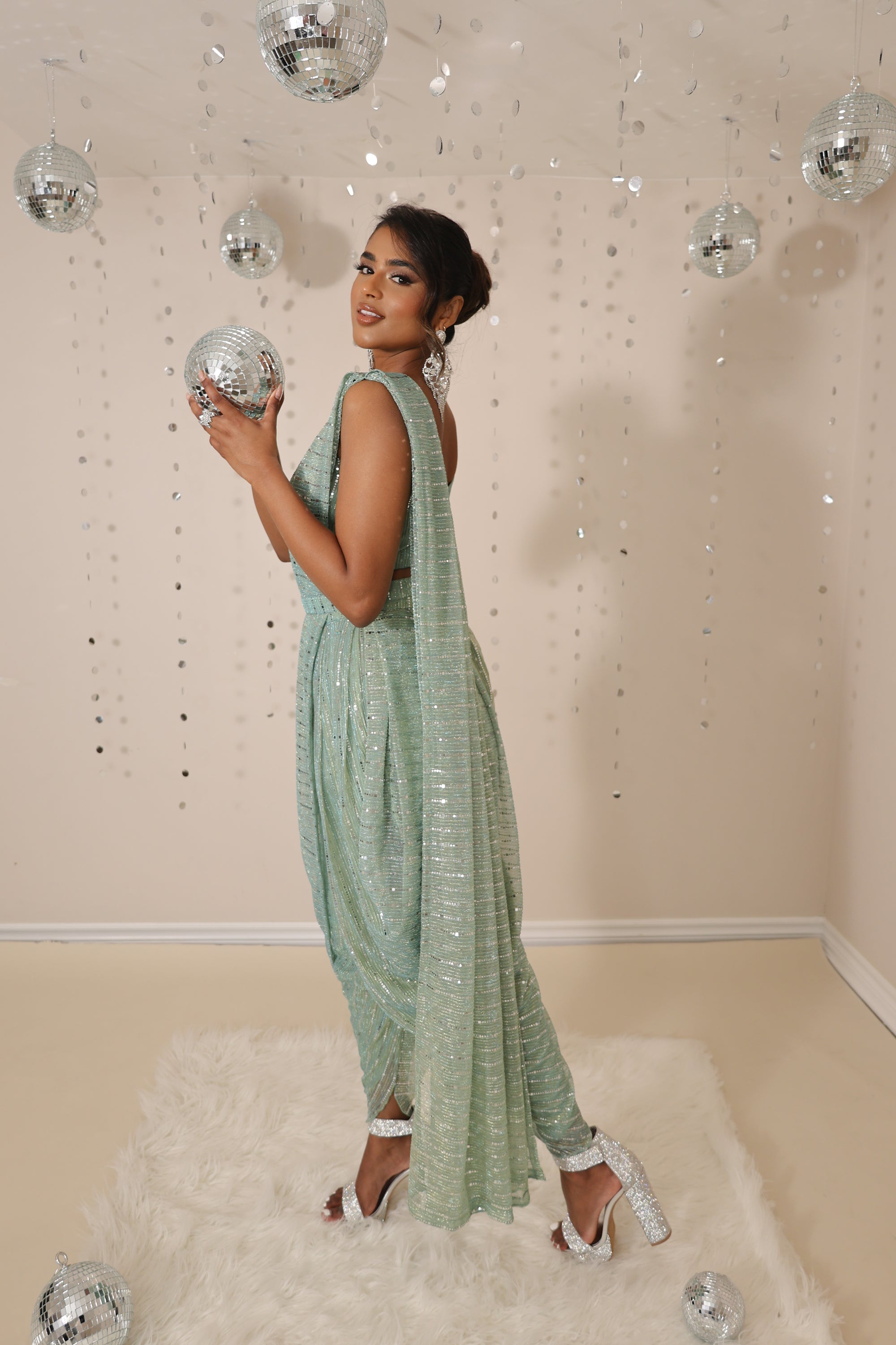 Sage Green sequin bling bustier style croptop with adjustable strap with dhoti saree silhoutte