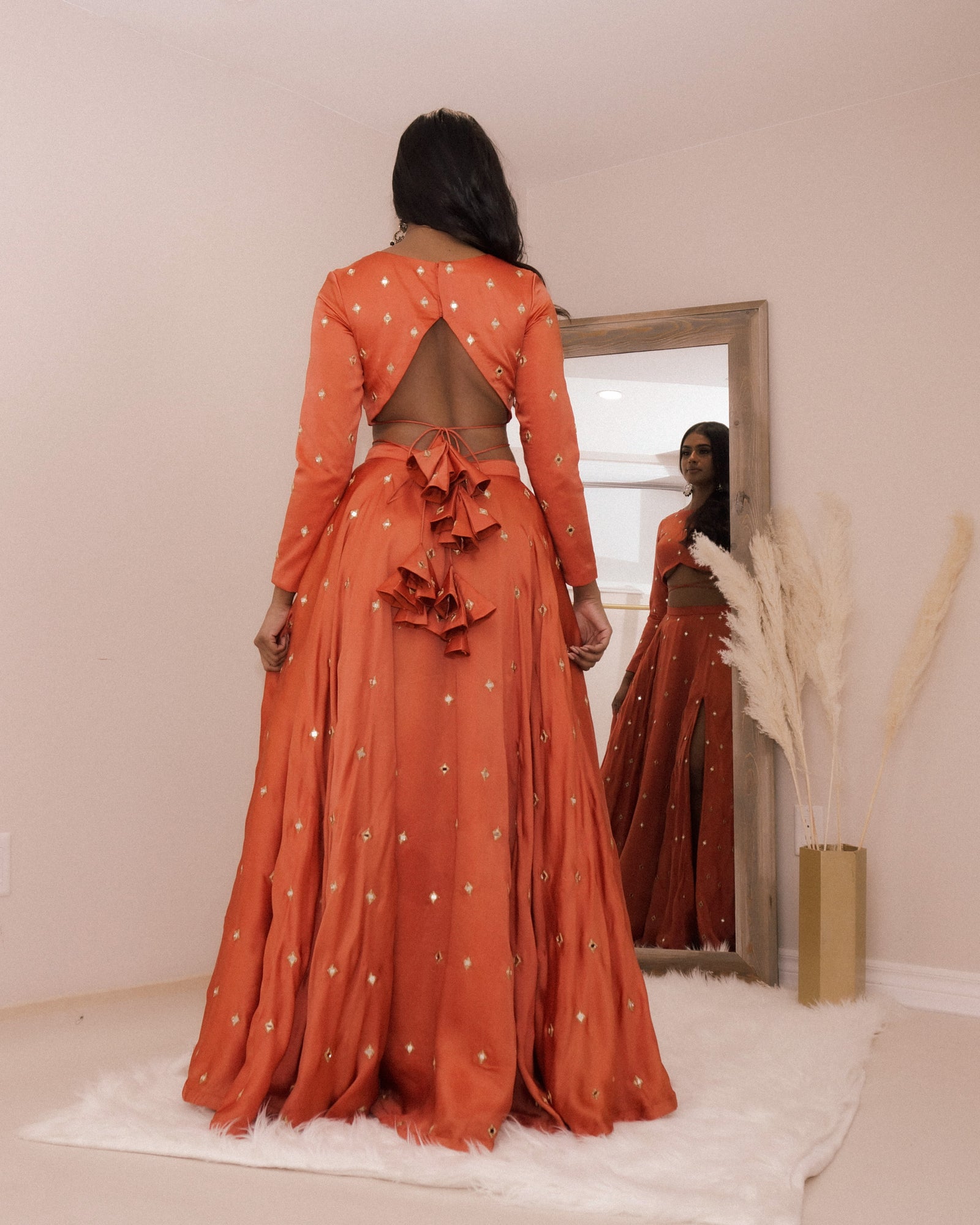 Burnt orange colour real mirror work lehenga skirt choli croptop modern indianwear
