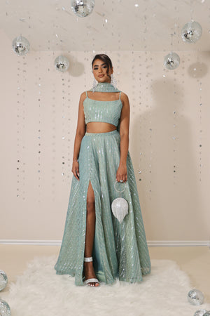 Sage Green sequin bling bustier style croptop with adjustable strap with slit lehenga