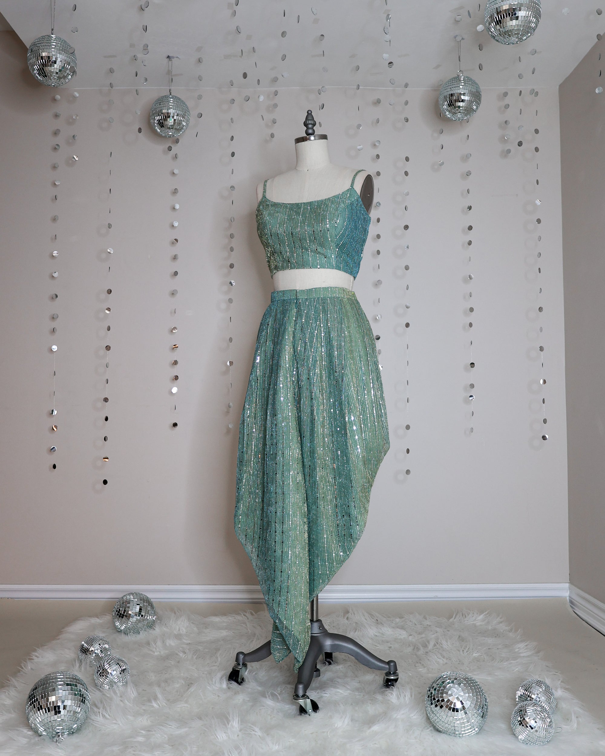 Sage Green bling bustier style croptop lehenga blouse with adjustable straps