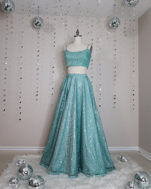 Aqua Blue bling bustier style croptop lehenga blouse with adjustable straps