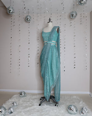 Trendy contemporary pre-stitched dhoti saree silhouette with glitter in pastel and nude colours 