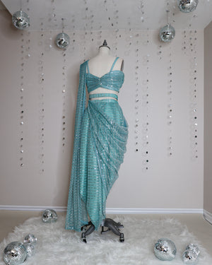 Trendy contemporary pre-stitched dhoti saree silhouette with glitter in pastel and nude colours 