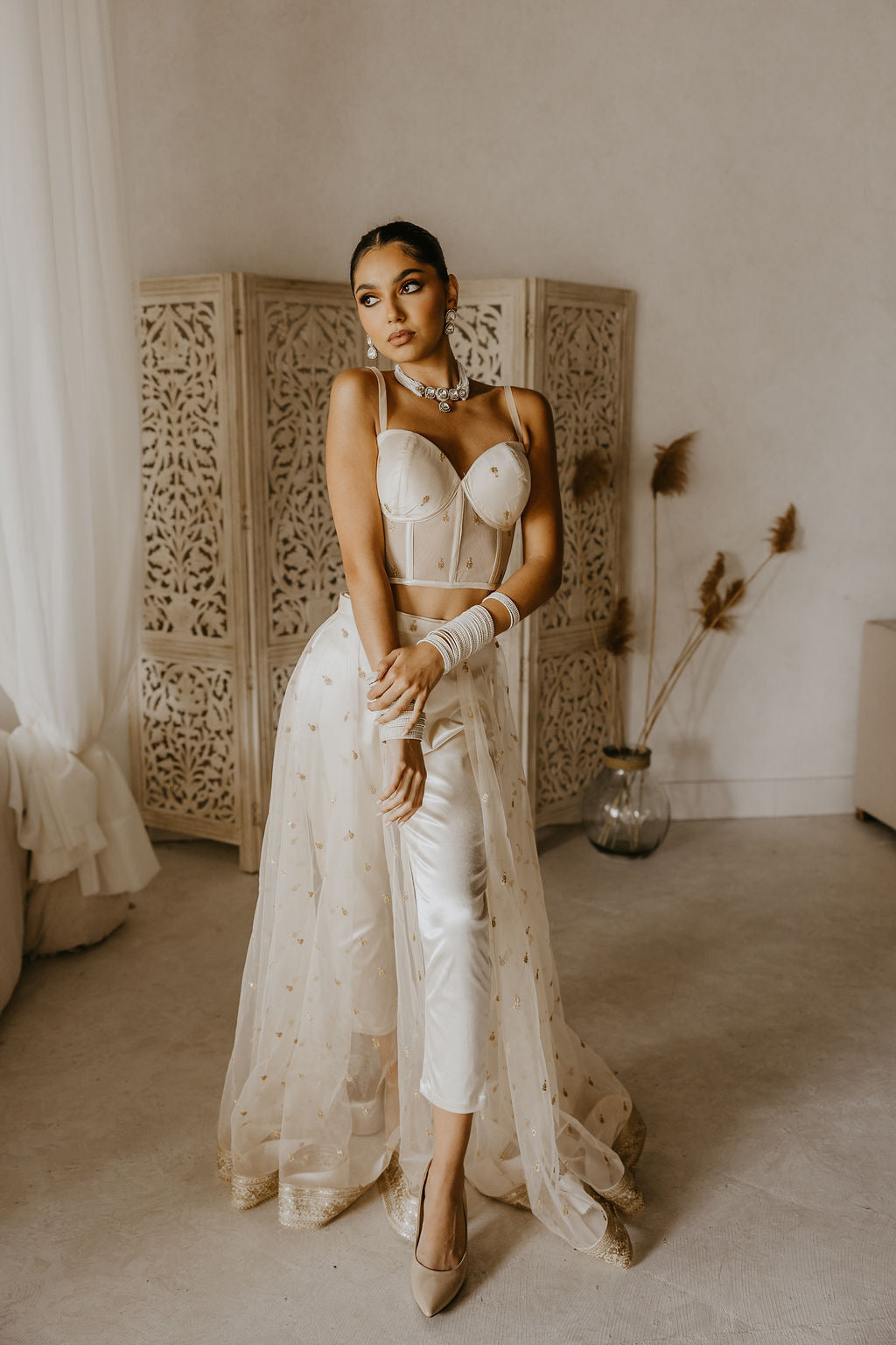 Champagne colour skirt and pant set with corset with light gold embellishment 