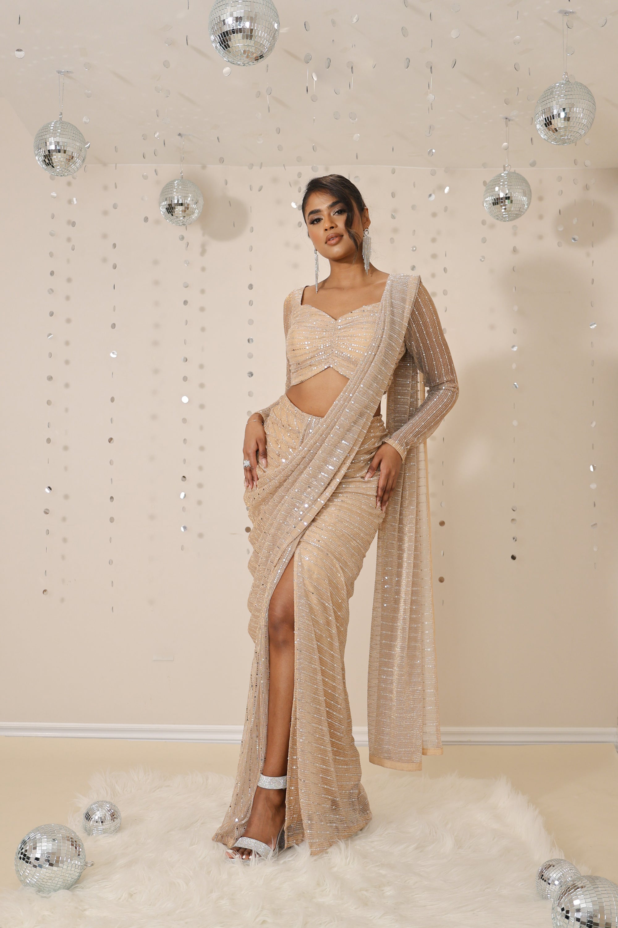 nude gold sexy pre stitched and draped ruched concept saree skirt combo